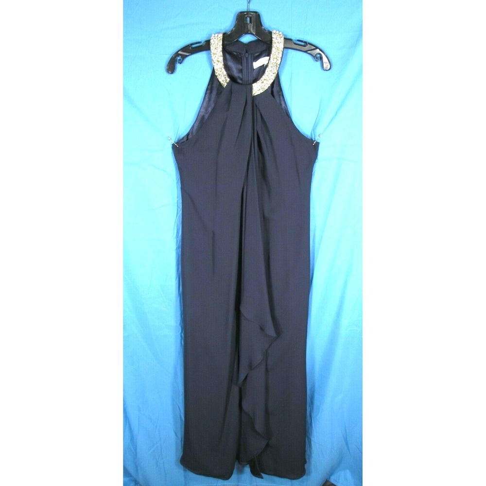 CALVIN KLEIN Grecian Shift Dress NAVY BLUE Cocktail DRAPED CHIFFON Beaded Neck 0